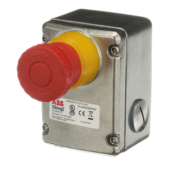 ABB 2TLA050220R0020, EStrongZ, Acil Durdurma Butonu, Metal Gövde, Harici Montaj, 2NA+2NK, C3xM20 Kanal, IP67