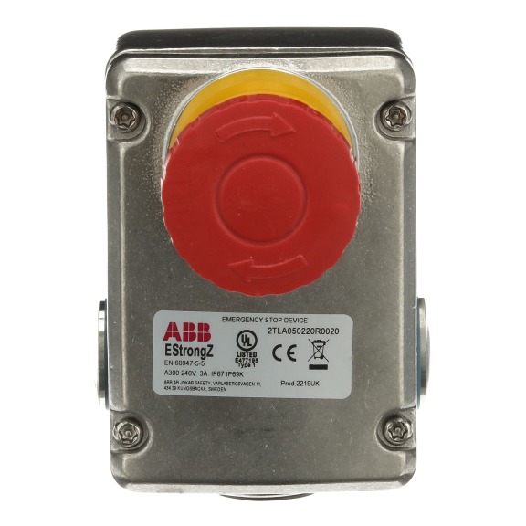 ABB 2TLA050220R0020, EStrongZ, Acil Durdurma Butonu, Metal Gövde, Harici Montaj, 2NA+2NK, C3xM20 Kanal, IP67