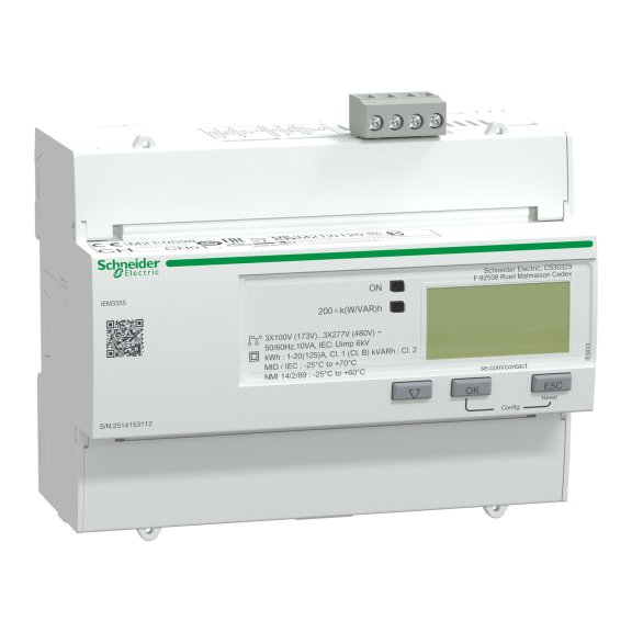 Schneider Electric A9MEM3355, Acti 9 iEM3000, 125 Amper, iEM3355, Enerji Ölçer, 1 Digital G/Ç, Modbus, Çoklu Tarife