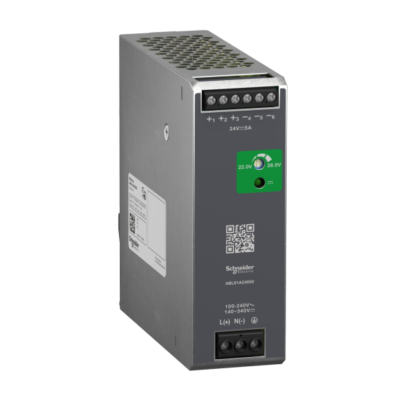 Schneider Electric ABLS1A24050, Phaseo ABL7, 120 W, 5 Amper, 24 Volt DC, Ray Tipi Güç Kaynağı, Monofaze 100-240 Volt AC veya 140-340 Volt DC Giriş Gerilimi