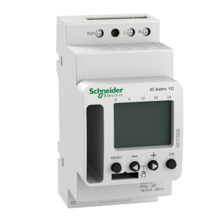 Schneider Electric CCT15225, Acti 9 IC, Astronomik Dijital Zaman Saati, 7 Gün Döngü, 6 Yıl Rezervli, Tek Kanallı, A/K Kontak