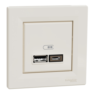 Schneider Electric EPH2700323, Asfora, Krem, USB Prizi, 2.4 Amper, İkili, Type A ve C, Çerçeveli