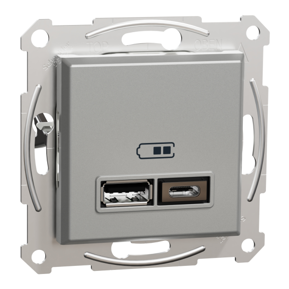 Schneider Electric EPH2700361, Asfora Plus, Alüminyum, USB Prizi, 2.4 Amper, İkili, Type A ve C, Çerçeveli