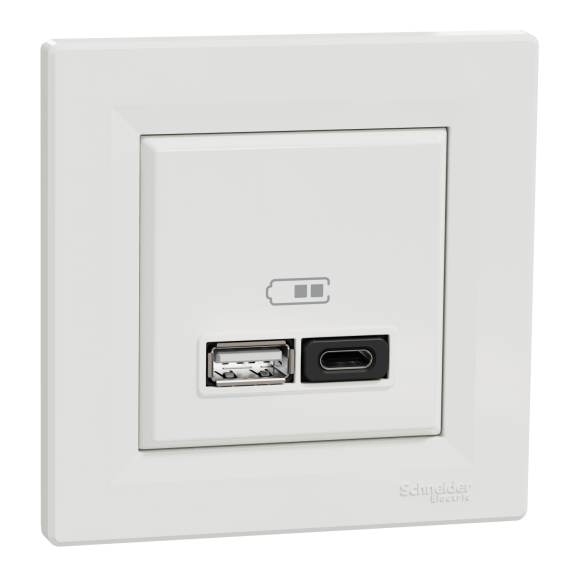 Schneider Electric EPH2700421, Asfora, Beyaz, USB Prizi, 3 Amper, 45 W, İkili, Type A ve C, Çerçeveli