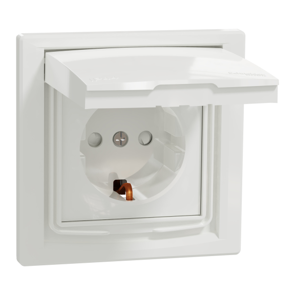 Schneider Electric EPH3100321, Asfora, Beyaz, Topraklı Priz, Çocuk Korumalı, Kapaklı, IP44, Çerçeveli