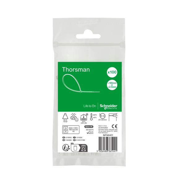 Schneider Electric IMT46401, Thorsman, 100x2.5mm, Şeffaf, Kablo Bağı, 100 Adet