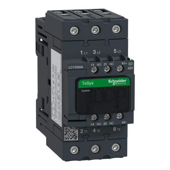 Schneider Electric LC1D50AED, TeSys Deca, 50 Amper, 22 kW, 3 Kutuplu, Kontaktör, 48 Volt DC, 1NA+1NK