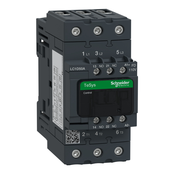 Schneider Electric LC1D50AFD, TeSys Deca, 50 Amper, 22 kW, 3 Kutuplu, Kontaktör, 110 Volt DC, 1NA+1NK