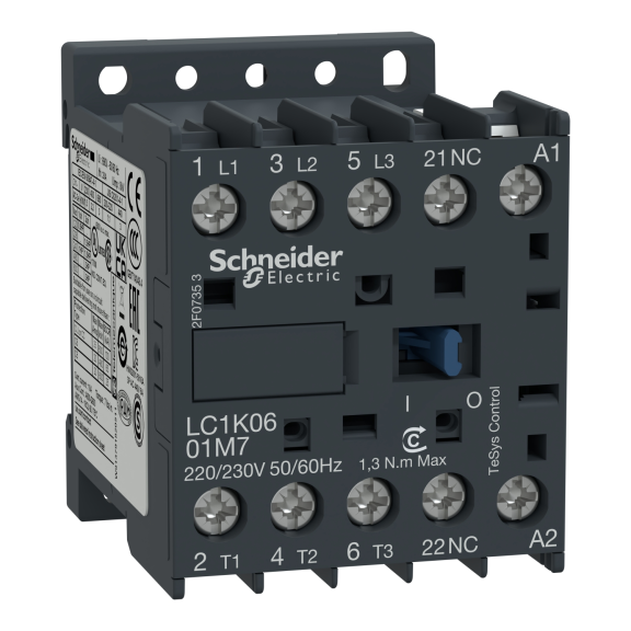 Schneider Electric LC1K1201B7, TeSys K, 12 Amper, 5.5 kW, 3 Kutuplu, Mini Kontaktör, 24 Volt AC, 1NK
