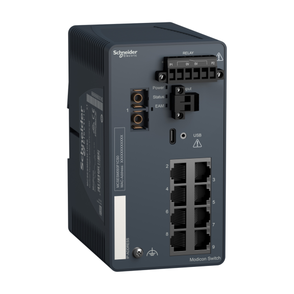 Schneider Electric MCSESM093F1CS0, Modicon Networking, Yönetilebilir(Managed) Endüstriyel Ethernet Switch, 8 Port TX, 1 Port FX-SM