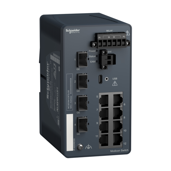 Schneider Electric MCSESM123F2LG0, Modicon Networking, Yönetilebilir(Managed) Endüstriyel Ethernet Switch, 8 Port TX, 4 Port SFP Gbit