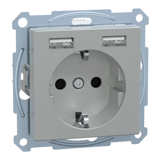Schneider Electric MTN2366-0460, Merten System M, Alüminyum, Topraklı Priz, Çocuk Korumalı, 2xUSB Type A, 2.4 Amper
