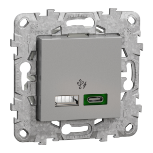 Schneider Electric NU501330, Unica, Alüminyum, USB Priz, 3 Amper, 45W, Type A+C, İkili, 2 Modül, Montaj Plakalı