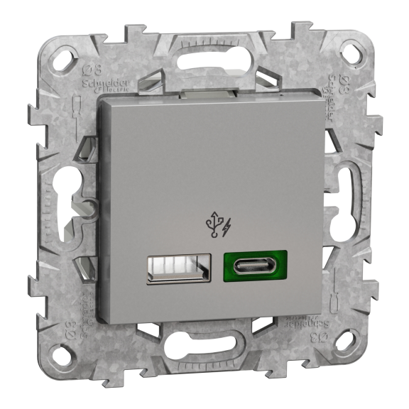 Schneider Electric NU501330, Unica, Alüminyum, USB Priz, 3 Amper, 45W, Type A+C, İkili, 2 Modül, Montaj Plakalı