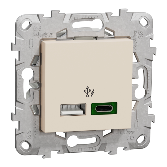 Schneider Electric NU501344, Unica, Krem, USB Priz, 3 Amper, 45W, Type A+C, İkili, 2 Modül, Montaj Plakalı
