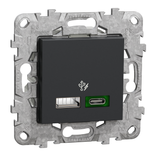 Schneider Electric NU501354, Unica, Antrasit, USB Priz, 3 Amper, 45W, Type A+C, İkili, 2 Modül, Montaj Plakalı