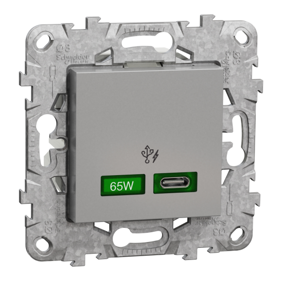 Schneider Electric NU501430, Unica, Alüminyum, USB Priz, 3 Amper, 65W, Type C, 2 Modül, Montaj Plakalı
