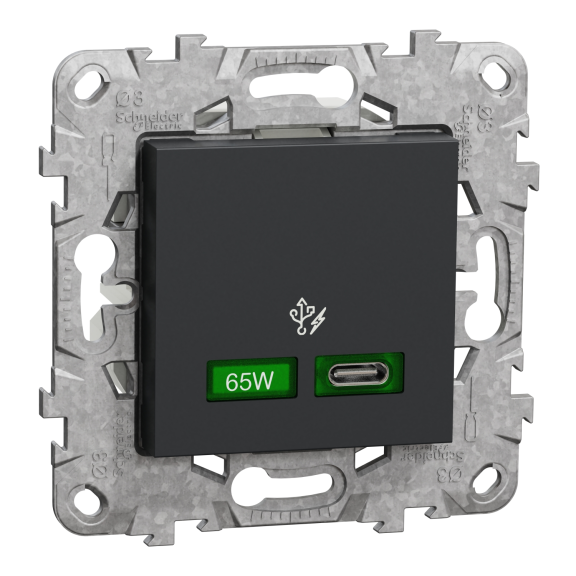 Schneider Electric NU501454, Unica, Antrasit, USB Priz, 3 Amper, 65W, Type C, 2 Modül, Montaj Plakalı