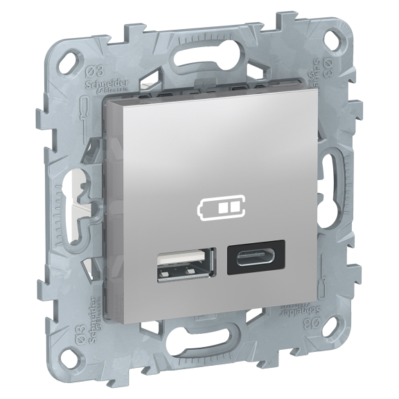 Schneider Electric NU501830, Unica, Alüminyum, USB Priz, 2.4 Amper, 12W, Type A+C, İkili, 2 Modül, Montaj Plakalı