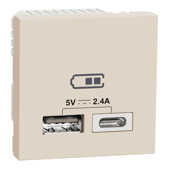 Schneider Electric NU501844, Unica, Krem, USB Priz, 2.4 Amper, 12W, Type A+C, İkili, 2 Modül, Montaj Plakalı