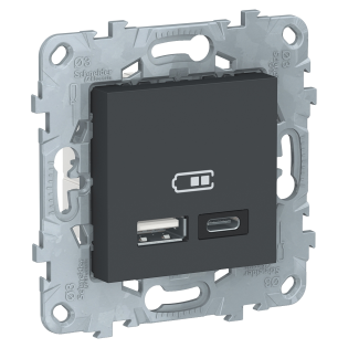 Schneider Electric NU501854, Unica, Antrasit, USB Priz, 2.4 Amper, 12W, Type A+C, İkili, 2 Modül, Montaj Plakalı