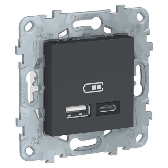 Schneider Electric NU501854, Unica, Antrasit, USB Priz, 2.4 Amper, 12W, Type A+C, İkili, 2 Modül, Montaj Plakalı