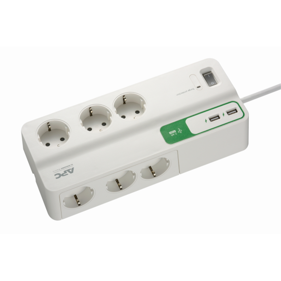 APC by Schneider Electric PM6U-GR, Altılı Akım Korumalı Priz, 2 Adet USB Hızlı Şarj Çıkışlı, 1816 Joule, Beyaz