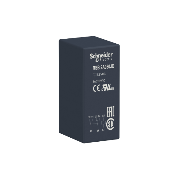 Schneider Electric RSB2A080JD, Harmony RSB, 8 Amper, 12 Volt DC, 2 K/A Kontaklı, 8 Pinli, Soketli Röle