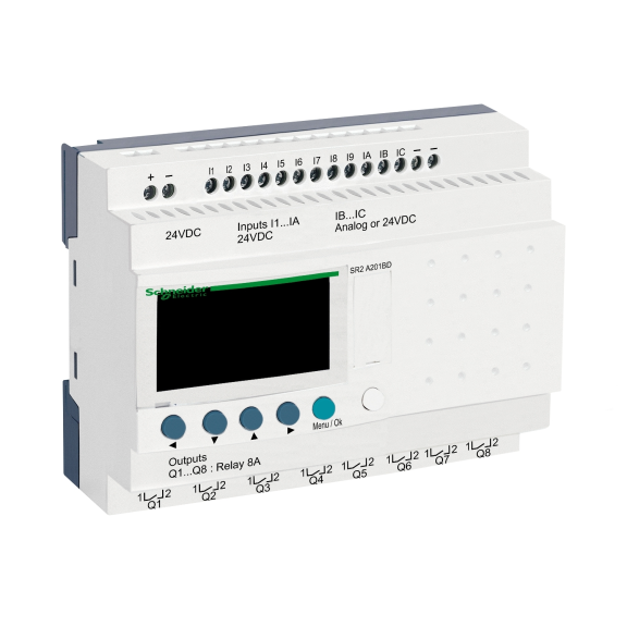 Schneider Electric SR2A201BD, Zelio Logic, Kompakt Akıllı Röle, 12 Dijital Giriş, 8 Röle Çıkış, 24 Volt DC, LADDER