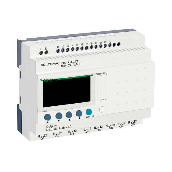 Schneider Electric SR2B201FU, Zelio Logic, Kompakt Akıllı Röle, 12 Dijital Giriş, 8 Röle Çıkış, 100-240 Volt AC