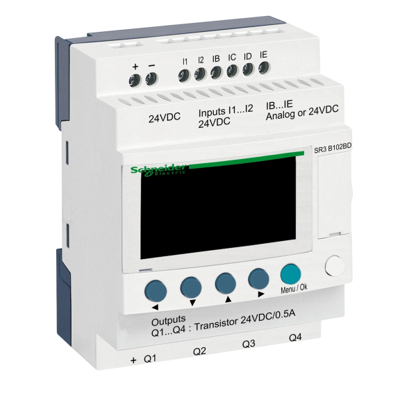 Schneider Electric SR3B102BD, Zelio Logic, Modüler Akıllı Röle, 6 Dijital Giriş, 4 Transistör Çıkış, 24 Volt DC
