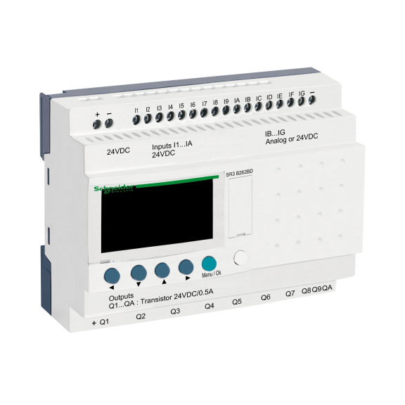 Schneider Electric SR3B262BD, Zelio Logic, Modüler Akıllı Röle, 16 Dijital Giriş, 10 Transistör Çıkış, 24 Volt DC