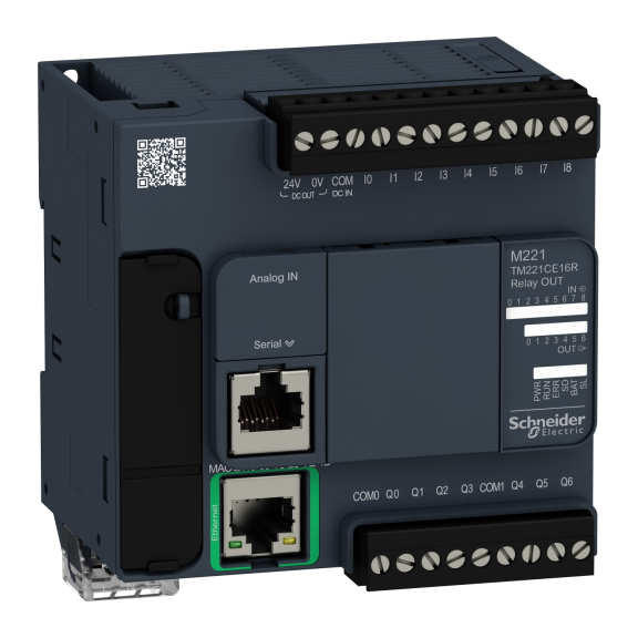 Schneider Electric TM221CE16R, Modicon M221, Kompakt Tip Programlanabilir Lojik Kontrolör(PLC), 9 Dijital Giriş, 7 Röle Çıkış, 2 Analog Çıkış, 100-240 Volt AC, Ethernetli