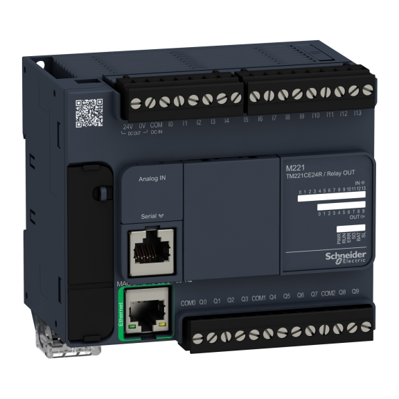 Schneider Electric TM221CE24R, Modicon M221, Kompakt Tip Programlanabilir Lojik Kontrolör(PLC), 14 Dijital Giriş, 10 Röle Çıkış, 2 Analog Çıkış, 100-240 Volt AC, Ethernetli