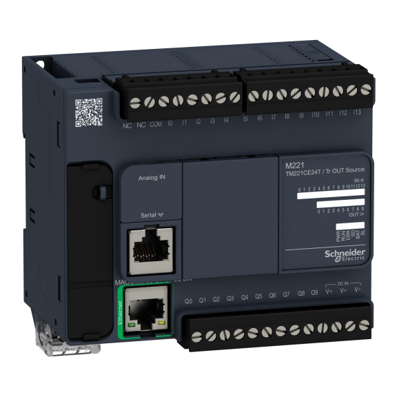 Schneider Electric TM221CE24T, Modicon M221, Kompakt Tip Programlanabilir Lojik Kontrolör(PLC), 14 Dijital Giriş, 10 Transistör Çıkış, 2 Analog Çıkış, 24 Volt DC, Ethernetli