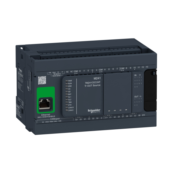Schneider Electric TM241CEC24T, Modicon M241, Kompakt Tip Programlanabilir Lojik Kontrolör(PLC), 14 Dijital Giriş, 10 Transistör Çıkış, 24 Volt DC, CanOpen, Ethernet