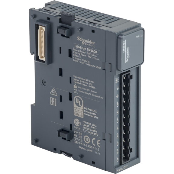 Schneider Electric TM3AQ4, Modicon TM3, Programlanabilir Lojik Kontrolörler için Analog Çıkış Modülü, 4 Analog Çıkış