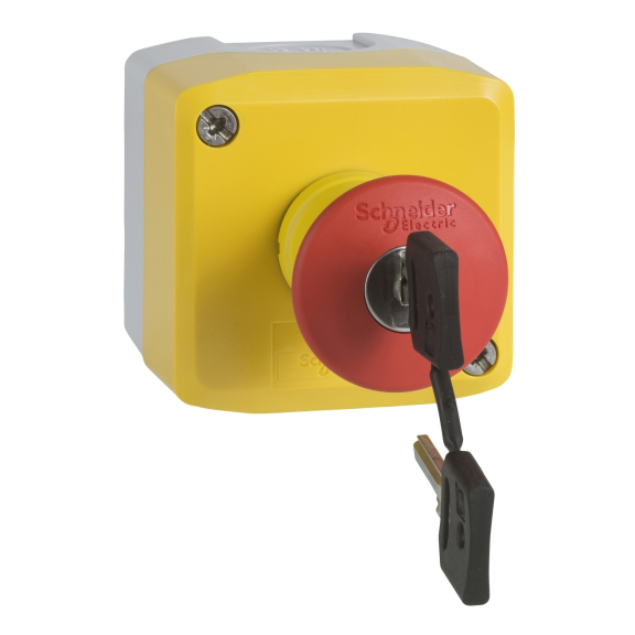 Schneider Electric XALK188E, Harmony XALD, 40mm Mantar Kafalı, Kutulu Kilitli Acil Stop Butonu, 1NA+1NK