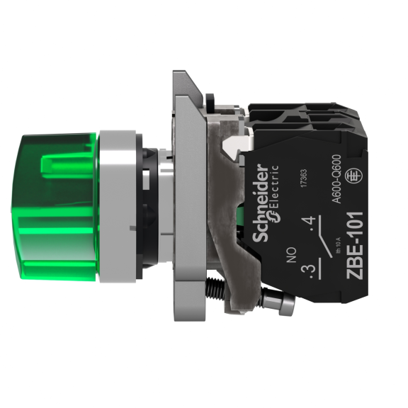 Schneider Electric XB4BK123M5, Harmony Stil 4, Yeşil, Işıklı Mandal Buton, 0-1 Konumlu, 230 Volt AC, 1NA+1NK, 22mm