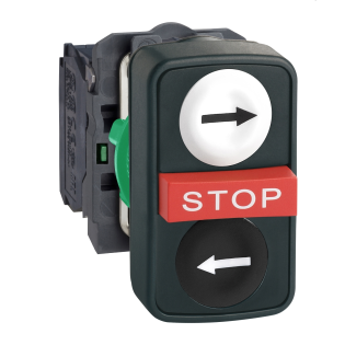 Schneider Electric XB5AA711237, Harmony Stil 5, Beyaz Sağ ve Siyah Sol Ok İşaretli, Kırmızı Çıkık Stop Yazılı, Üçlü Yaylı Buton, 2NA+1NK, 22mm