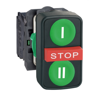 Schneider Electric XB5AA731327, Harmony Stil 5, Yeşil "I"ve "II" İşaretli, Kırmızı Çıkık Stok Yazılı, Üçlü Yaylı Buton, 2NA+1NK, 22mm