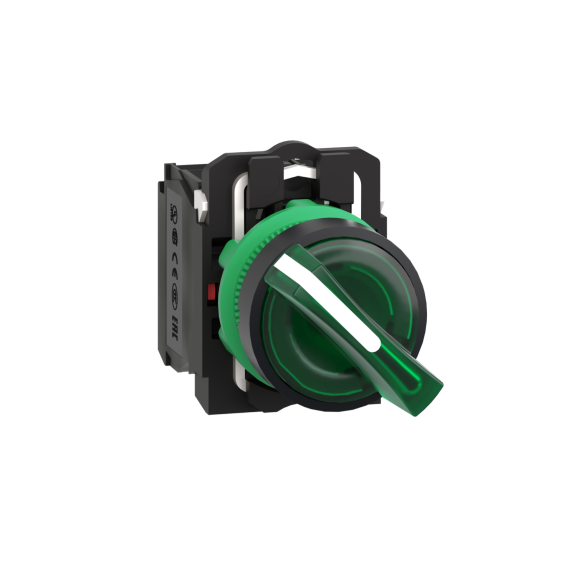 Schneider Electric XB5AK123B5, Harmony Stil 5, Yeşil, Işıklı Mandal Buton, 0-1 Konumlu, 24 Volt AC/DC, 1NA+1NK, 22mm
