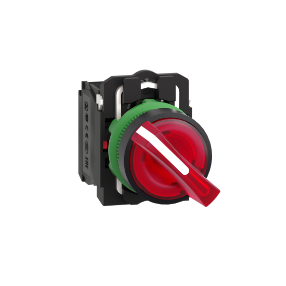 Schneider Electric XB5AK124B5, Harmony Stil 5, Kırmızı, Işıklı Mandal Buton, 0-1 Konumlu, 24 Volt AC/DC, 1NA+1NK, 22mm