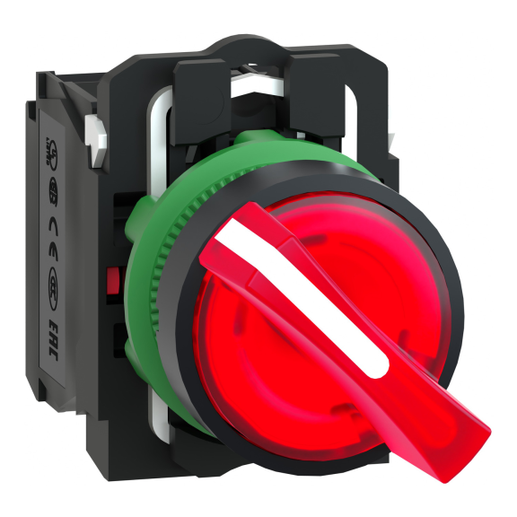 Schneider Electric XB5AK124M5, Harmony Stil 5, Kırmızı, Işıklı Mandal Buton, 0-1 Konumlu, 230 Volt AC, 1NA+1NK, 22mm