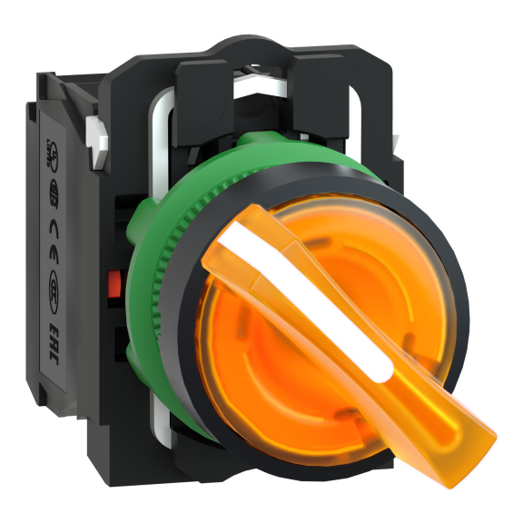 Schneider Electric XB5AK125M5, Harmony Stil 5, Sarı, Işıklı Mandal Buton, 0-1 Konumlu, 230 Volt AC, 1NA+1NK, 22mm