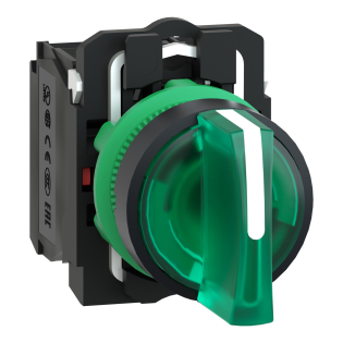 Schneider Electric XB5AK133M5, Harmony Stil 5, Yeşil, Işıklı Mandal Buton, 1-0-2 Konumlu, 230 Volt AC, 1NA+1NK, 22mm