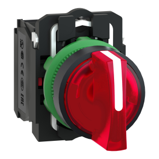 Schneider Electric XB5AK134M5, Harmony Stil 5, Kırmızı, Işıklı Mandal Buton, 1-0-2 Konumlu, 230 Volt AC, 1NA+1NK, 22mm