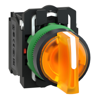 Schneider Electric XB5AK135M5, Harmony Stil 5, Turuncu, Işıklı Mandal Buton, 1-0-2 Konumlu, 230 Volt AC, 1NA+1NK, 22mm