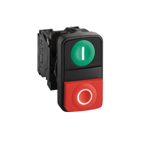 Schneider Electric XB5AL73415, Harmony Stil 5, Yeşil I İşaretli, Kırmızı Çıkık O İşaretli, Çiftli Yaylı Buton, 1NA+1NK, 22mm