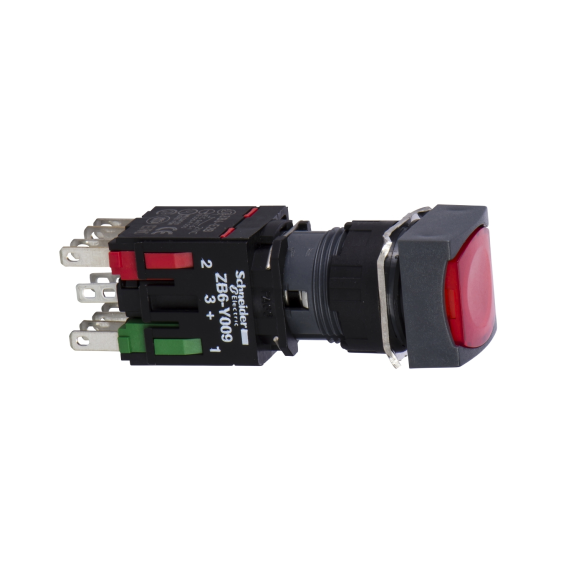 Schneider Electric XB6CW4B2B, Harmony Stil 6, Kırmızı, Işıklı Kare Yaylı Buton, 12-24 Volt AC/DC, 1NK, 16mm